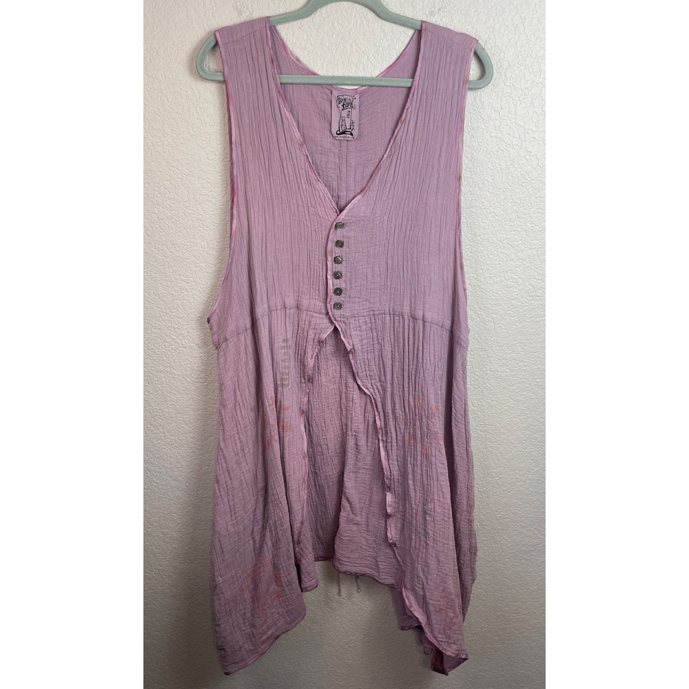 VTG Blue Fish Long Vest Duster OSFA Purple Cotton Gauzy‎ Lagenlook Art To Wear